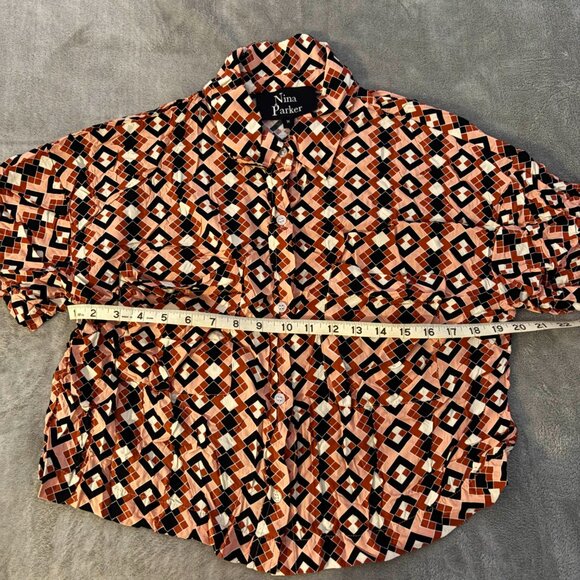 nina parker plus short blouse rayon button front crop top M205 orange red black - Picture 5 of 9